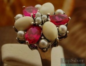 ADRIANO - srebrny pierścień rubiny, perły i bursztyny