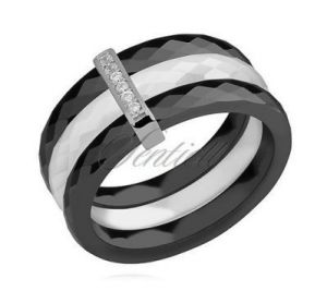 Pierścionek ceramiczny zdobiony cyrkoniami, potrójny - Czarny || Biały || Czarny z białym