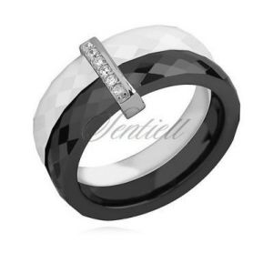 Pierścionek ceramiczny, podwójny, ze srebrnym zdobieniem i cyrkonią - Czarny || Biały || Czarny z bi