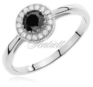 Srebrny pierścionek z czarną cyrkonią w kręgu białych - Czarna