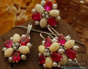 ADRIANO - srebrny komplet rubiny, perły i bursztyny