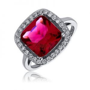 Srebrny duży pierścionek z eleganckim kamieniem - Cyrkonia kwadratowa rubinowa - Rubinowa