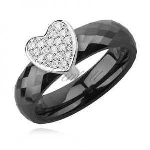 Szeroki ceramiczny pierścionek z sercem i cyrkoniami - Czarny