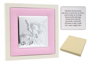 Obrazek srebrny Anioł Stróż w różowej ramce pamiątka chrztu na chrzest Grawer