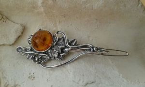 SECESJA - srebrna spinka do włosów z bursztynem