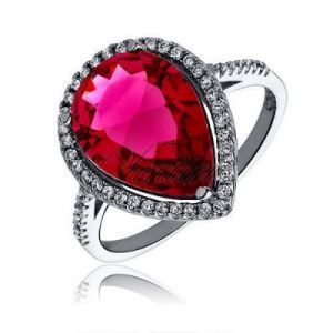 Srebrny duży pierścionek z eleganckim kamieniem - Cyrkonia rubinowa łezka - Rubinowa