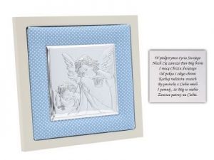 Obrazek srebrny Anioł Stróż w niebieskiej ramce pamiątka chrztu na chrzest Grawer