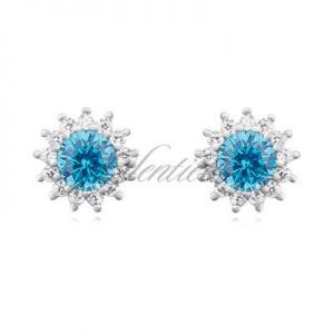 Srebrne kolczyki pr925 Cyrkonia akwamarynowa okrągła - karmazycja - Akwamaryna